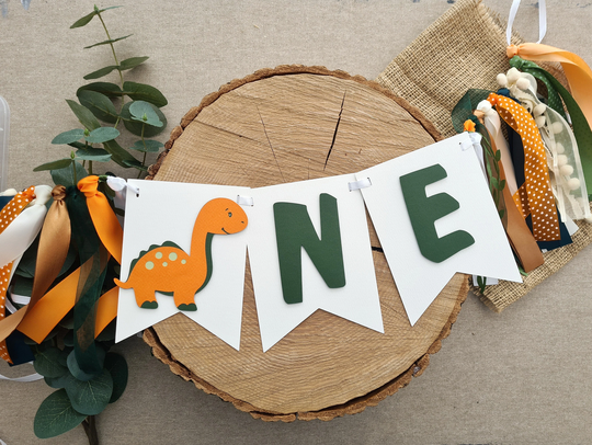 Dino High Chair Banner First Birthday One Year Baby Boy Party Decor Orange Green Dinosaur Decorations