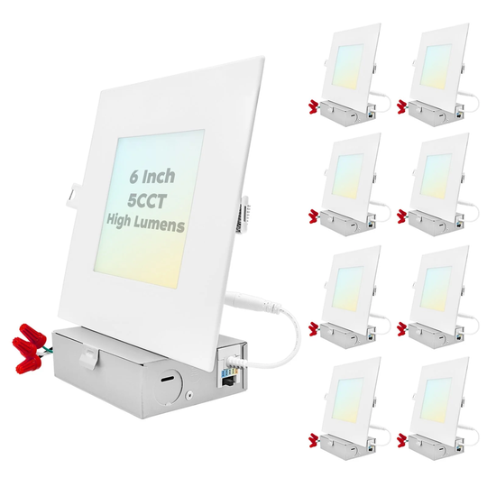 Luxrite 6 Inch Ultra Thin LED Recessed Light J-Box, 15W, 5 Color Selectable, 1400 Lumens, Dimmable, Wet Rated 8 Pack