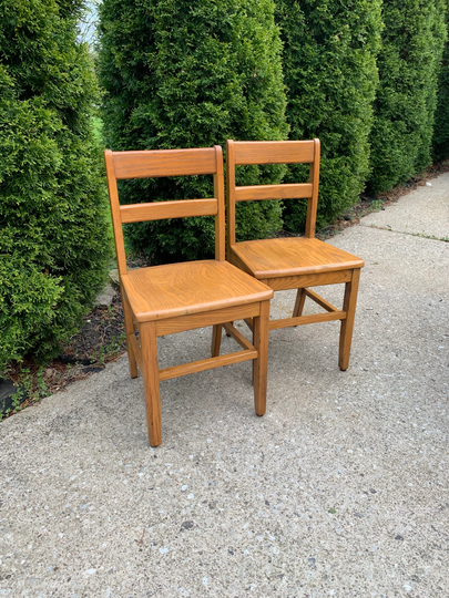 Vintage Wood School Chair Large Seat Size Mid Century Slat Desk Chairs, Set Of 2, 16.5" Seat
