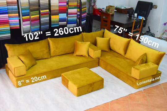 L Shaped 8'' Thick Velvet Gold Floor Seating Sofa Ottoman Cushion Set Arabic Living Room Oriental Moroccan Home Decor Couch Hookah Sectional