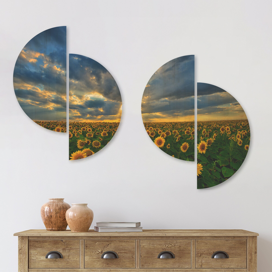 Designart 'Beauty Sunset over Sunflowers' Landscape Wood Wall Art Set of 4 Half Circles - Multi-Color