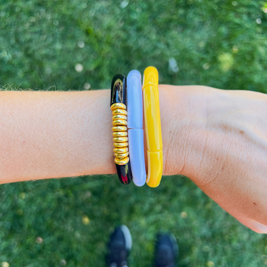 Missouri Inspired Tiger Tube Bead Bracelet Black, Yellow, White, Gold Acrylic Bamboo Mu Womens Jewelry Stacking Bracelets
