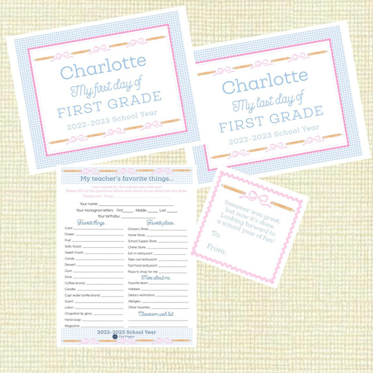 Back To School Sets - "Pencils & Pink Bows" - Includes Custom First Last Day Signs, 2 Teacher's Favorite Things Sheets& 4 Gift Tags
