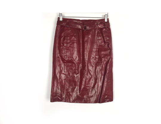 Vintage Burgundy Leather Pencil Skirt Lined Midi Skirts For Women Size S