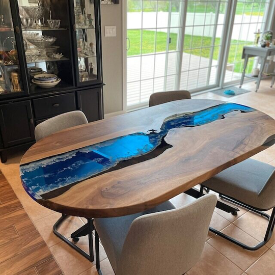 Wood & Epoxy Resin Table, Oval Walnut Dining Ocean Live Edge Custom Table