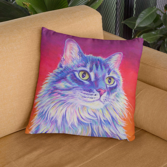 Colorful Rainbow Cute Purple Tabby Cat Polyester Square Throw Pillow Cushion