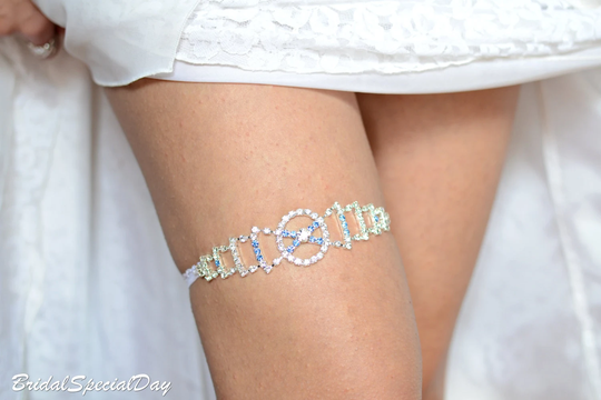 Wedding Garter Set White Bridal With Lace Trim & Blue Rhinestones - Handmade Accessories