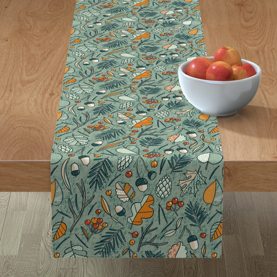 Blue Autumn Table Runner - Forest Beneath My Feet By Stolenpencil Botanicals Pine Cotton Sateen Spoonflower