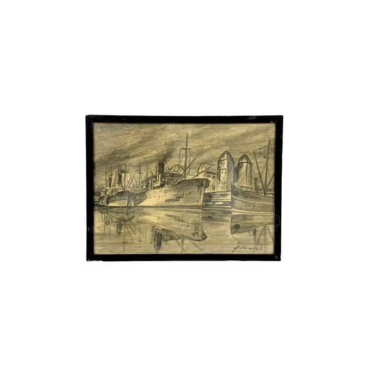 Vintage Pencil Scetched Nautical Scene Art Piece Framed