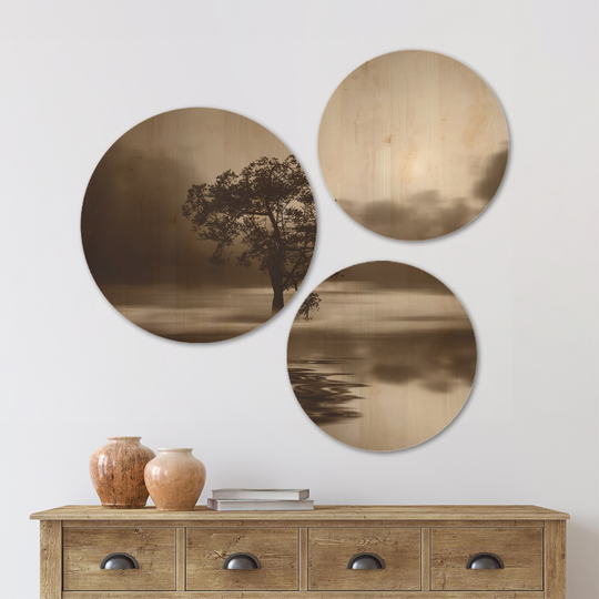 Designart 'Alone Tree on Island in Sepia' Landscape Wood Wall Art Set of 3 Circles - Multi-Color