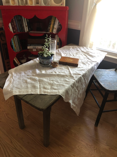 Vintage Lace & Embroidered Linen Table Cloth, 40" Square Cover, White Elegant Tablecloth, Floral Textile