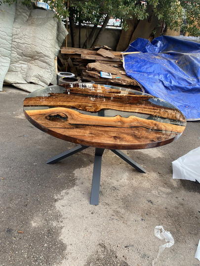 Round Dining Table, Epoxy Custom 65" Diameter Walnut Wood Clear Table Order For Mixemup