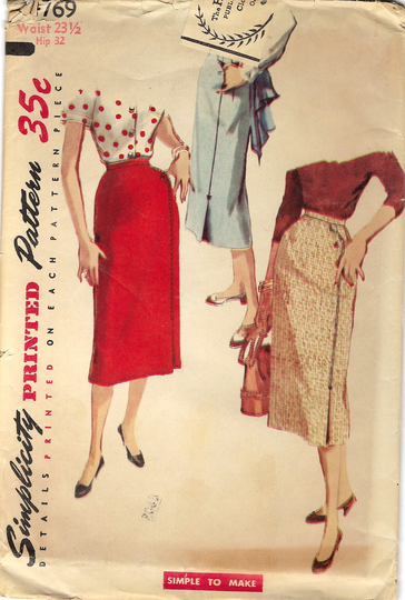 Simplicity 4769 Misses Slim Straight Skirt 50S Vintage Sewing Pattern Uncut Waist 23 1/2, Hip 32 Simple 1 Yd Pencil