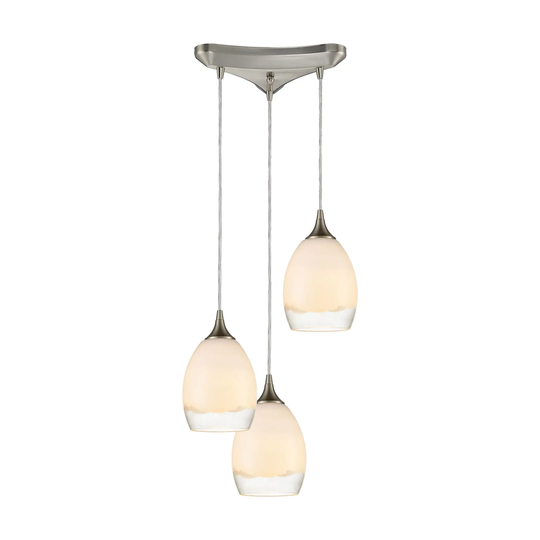 Cirrus 3-Light Triangular Mini Pendant Fixture in Satin Nickel with Opal White and Clear Glass