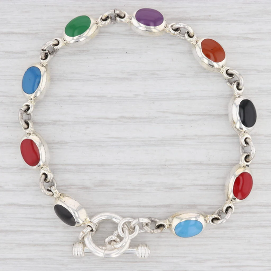 New Multi-Color Resin Bracelet Sterling Silver 7.5" 7.9mm Toggle Clasp