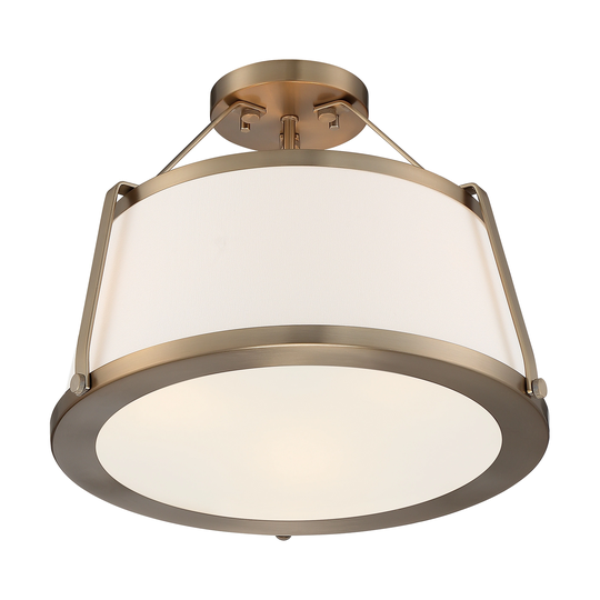 Cutty 3-Light Semi-Flush with Fabric Shade Burnished Brass Finish