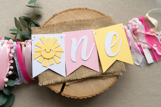 Sunshine High Chair Banner Baby Girl 1st Birthday Sign Pink Yellow