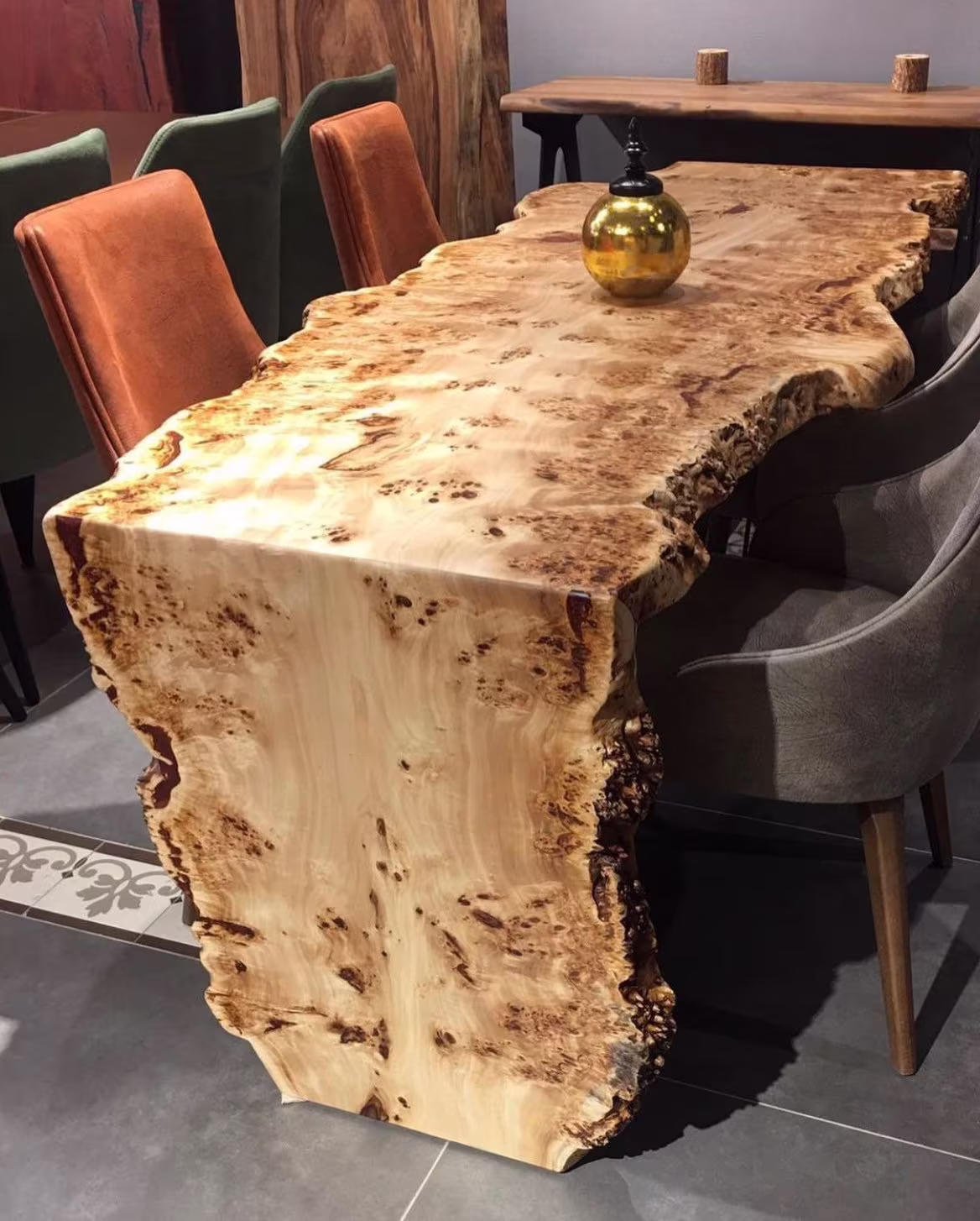 350 Years Old Mappa Burl Table, Waterfall Live Edge Wooden Dining Custom Bespoke Wood Table