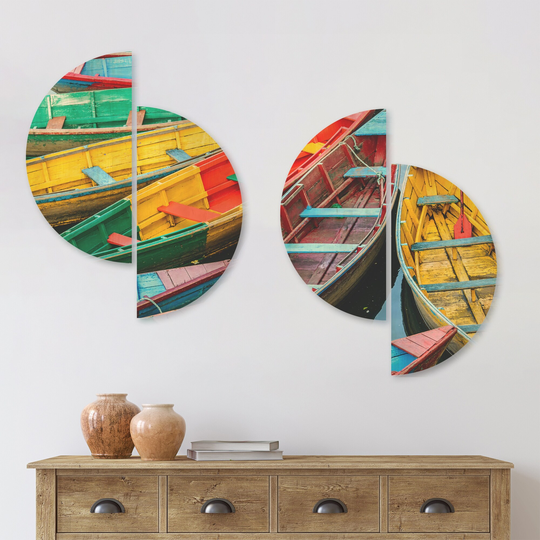 Designart 'Rowing Boats on the Lake in Pokhara' Boat Wood Wall Art Set of 4 Half Circles - Multi-Color