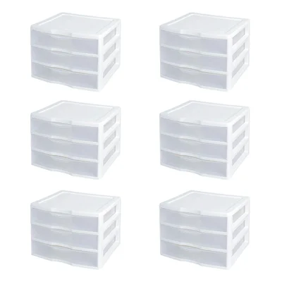 Sterilite Clear Plastic Stackable Small 3 Drawer Storage System, White