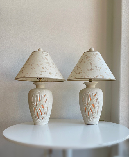 1980S Cut Out Modern Dry Clay Table Lamps | Matching Floral Set Of 2