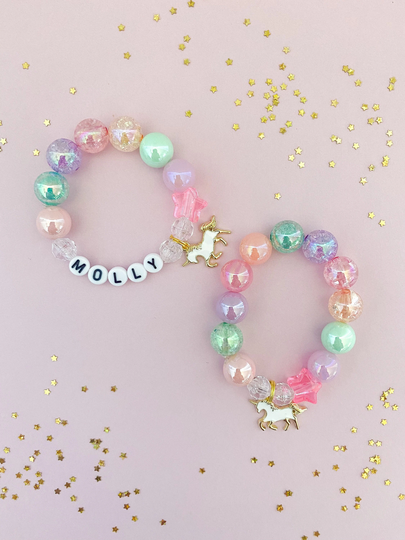 Personalized Kids Unicorn Bracelet, Charm Bracelet Toddler Custom Name, For Girls, Magic Star Stretch
