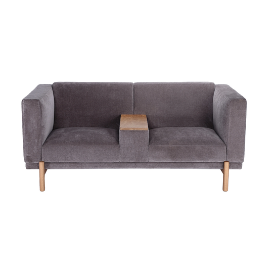 Velvet Upholstered and Oak Wood Sofa with Middle Console Storage
