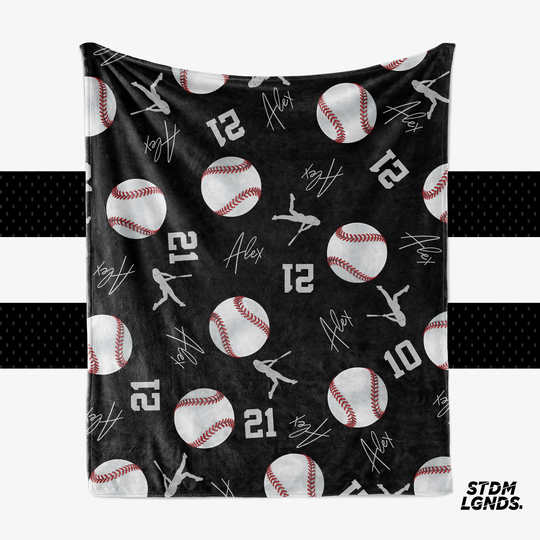 Baseball Collage, Personalized Text, Any Color Background. 3 Sizes 30"x40", 50"x60" & 60"x 80". Get A Measuring Tape For Blanket Size
