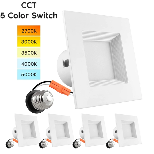 Luxrite 4" Square Recessed LED Can Light, Color Temperature Selectable 2700K / 3000K / 3500K / 4000K / 5000K (4 Pack)