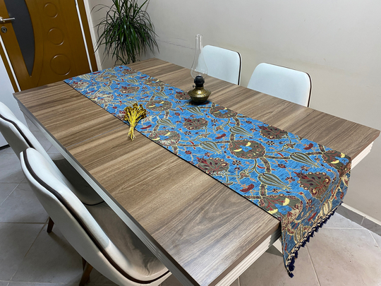 Blue Tulip Pattern Turkish Table Runner, Long Boho Wedding Decor, Gray Farmhouse Rustic Rnr391