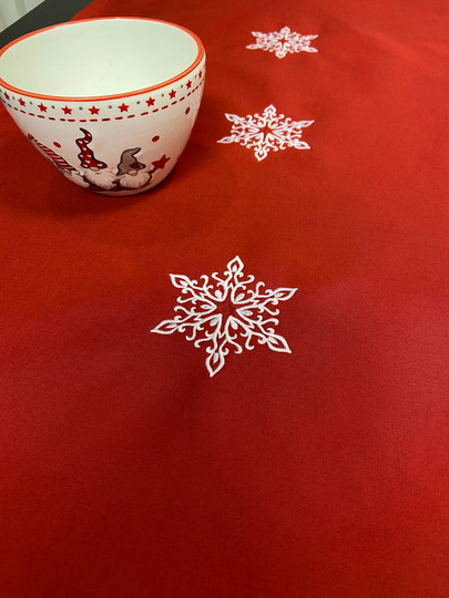 Christmas Table Runner Embroidered White Snowflakes Red Cotton Linen 58 Inches