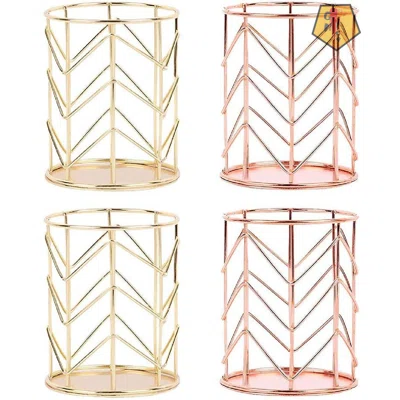 4PCS Metal Pencil Cup Holder Wire Mesh Pen Pot Makeup Brush Pen Holder Plating Storage Box Office Desk Home Organiser(2Copper + 2Rose Gold)