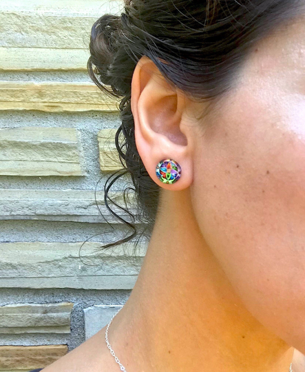 Colorful Glass Stud Earrings, Bright & Bold Print, Geometric Round, Mixed Colors, Big