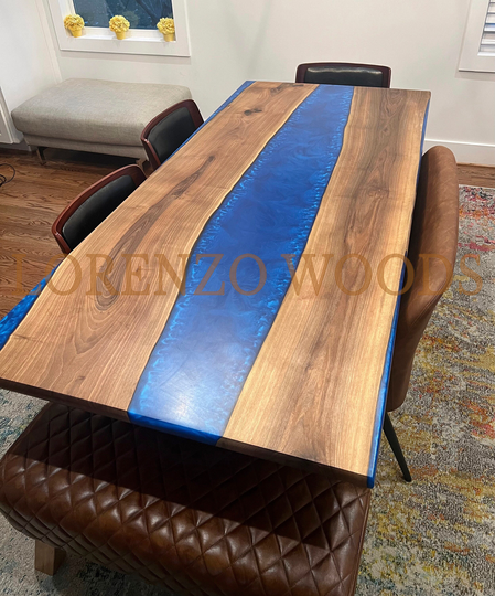 Epoxy Table, Blue Resin Coffee Live Edge River Dining Room Wood Furniture, Walnut Slab Table