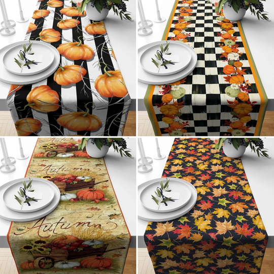 Autumn Pumpkins Table Runner, Fall Leaves Kitchen Brown & Orange Decor, Farmhouse Textile, Housewarming Gift, Gift For Her