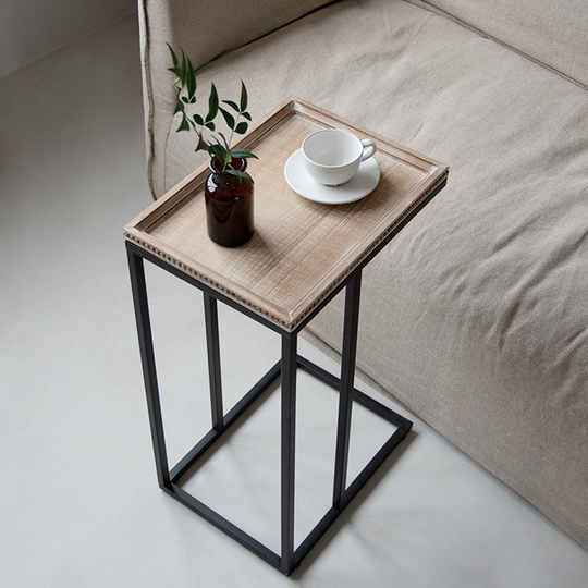 COZAYH Farmhouse C Table End Table, Distressed Beaded Edge Tray Top Side Table