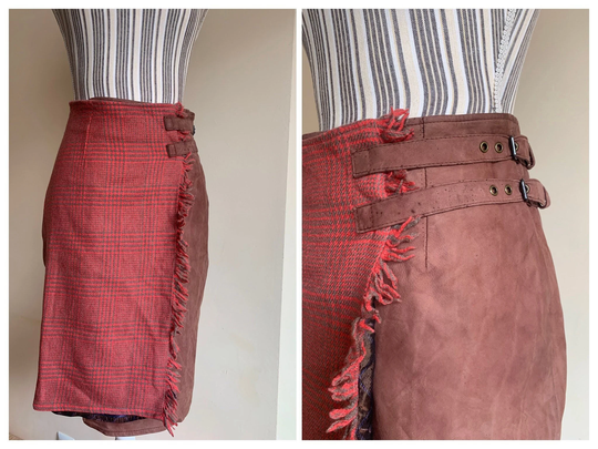 Vintage 80S Brown Leather Wrap Skirt With Side Buckles, Women's Lined Knee Length Plaid Wool Front, Red Houndstooth Pencil