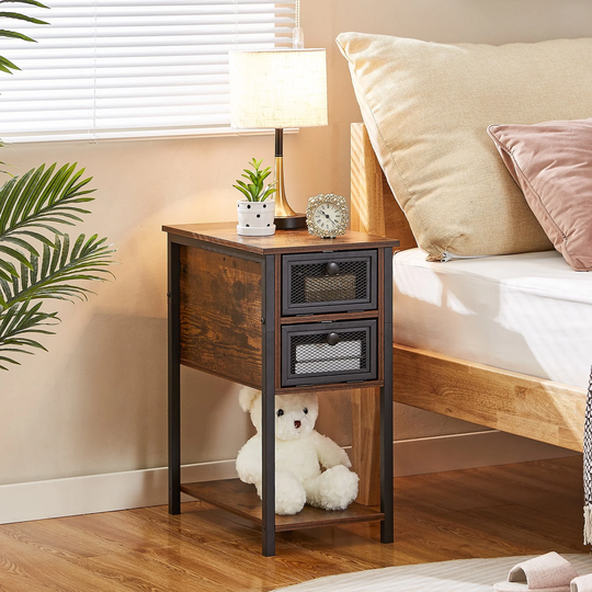 Flip Top Side Table with 2-Drawer and Wood Shelf ,Slim Sofa Table, Rustic Brown