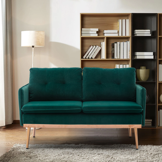 Modern Velvet Accent Loveseat Tufted Back Sofa with Square Arms and RoseGold Metal Legs