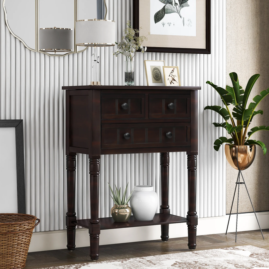 Narrow Console Table Slim Sofa Table with 3 Storage Drawers(4 Knobs), Bottom Shelf and Elegant Tapered Legs, Espresso