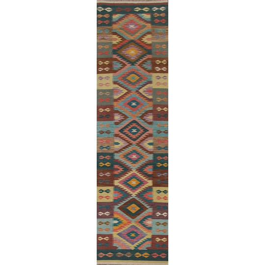 Multi-Color Kilim Oriental Runner Rug Flatweave Wool Carpet - 2'11" x 13'0"