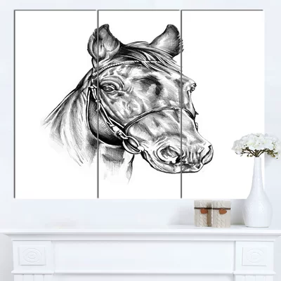 'Freehand Horse Head Pencil Drawing' 3 Piece Painting Print on Wrapped Canvas Set