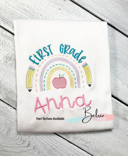 First Grade Rainbow Shirt, Back To School Shirt For Kids, Girl Pencil Top, Day Of Custom Embroidery