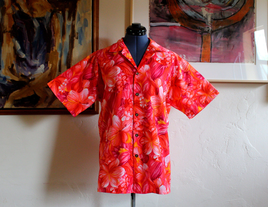 Late-1960's Cotton Loop Collar Paradise-Hawaii Vintage Men's Hawaiian Shirt Aloha Tiki Made in Honolulu, L