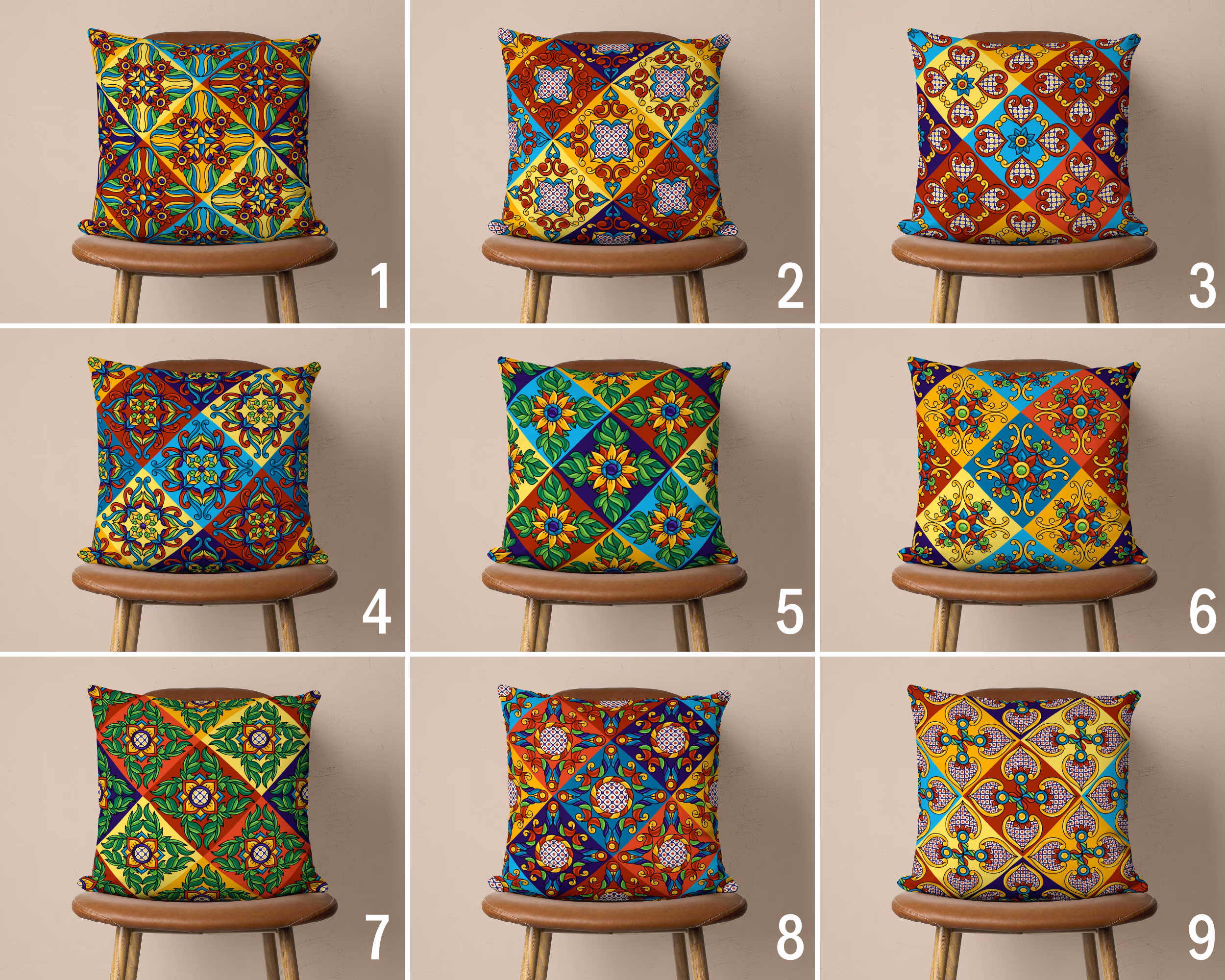 Multi Color Tile Pattern Pillow Case, Colorful Spanish Tiles Cover, Mediterranean Geometric Cushion Indoor & Outdoor Textile