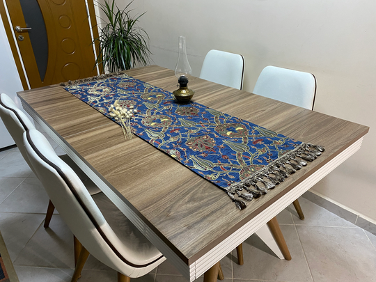 Dark Blue Turkish Coffee Table Cloth Runner, Tulip Floral Quality Feel Fabric, Diner Rnr237