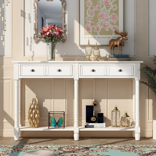 Rustic Console Table w/2 Storage Drawers & Bottom Shelf (Ivory White)