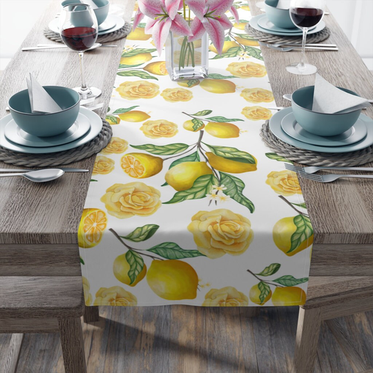 Lemon Table Runner, Floral Yellow Flower Decor, Tablecloth, Cover, Housewarming Gift