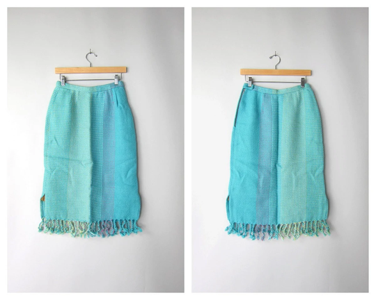 60S Finnish Wool Knit Fringe Skirt | Korry Colliander High Waist Pencil Handwoven Finland Vintage Pink Blue Yellow White Cj