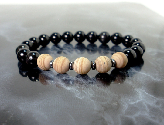 Mars Jasper & Black Obsidian Bracelet 8mm, Natural Gemstone Bracelet, Unisex Women Mens Beaded Gift For Men + Bag
